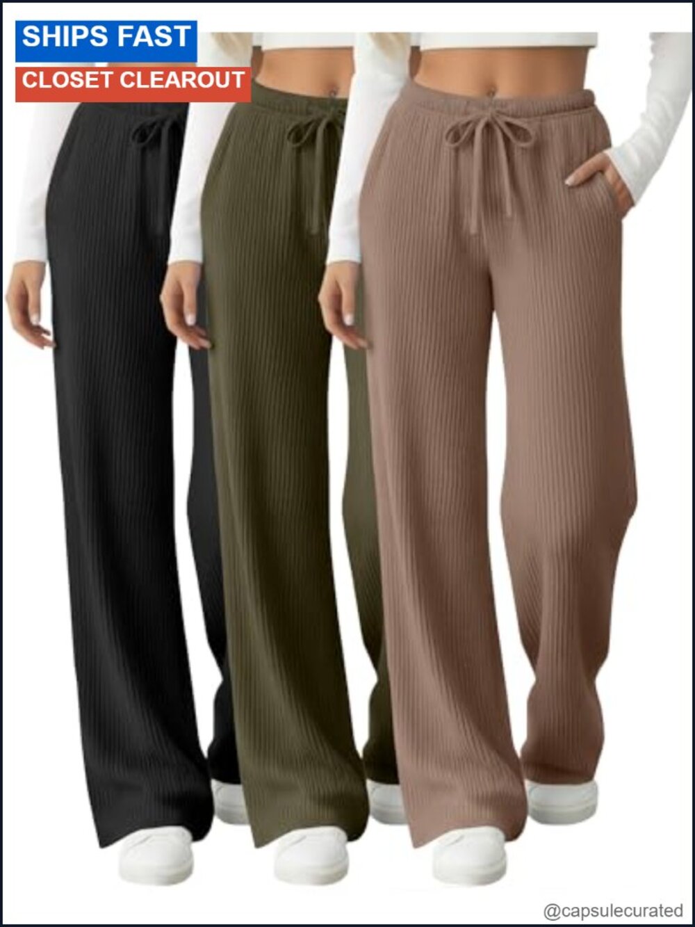 Women's Ribbed Knit Wide Leg Pants 3 Pack Drawstring Lounge